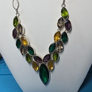 Silver 925 Multicolor Marquise Crystal Statement Necklace - Women Jewelry